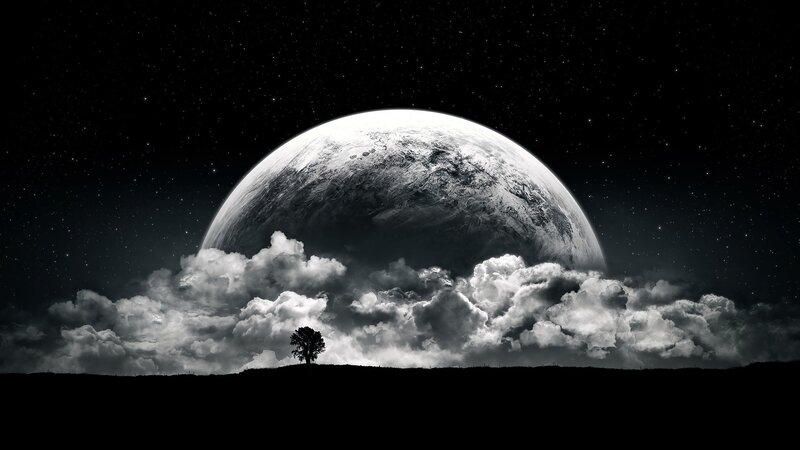 Tree on Hill under Planet — Black