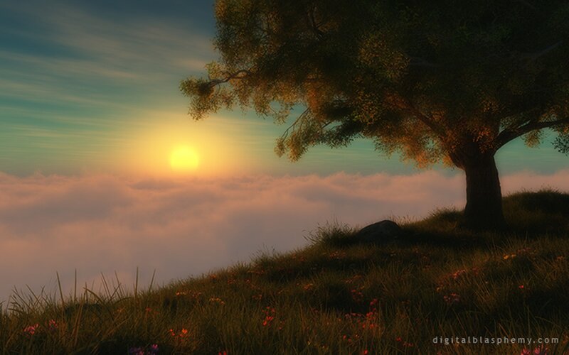 Tree on Hilltop at Sunrise — Green, Serene, Digital Art