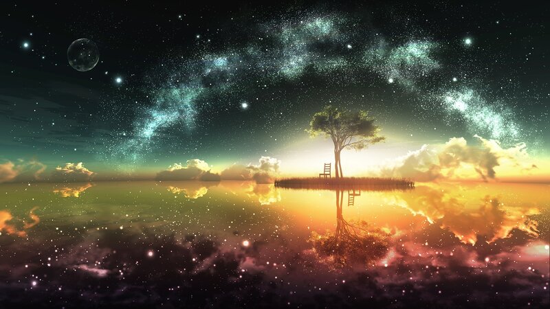 Tree on Island at Night — Green, Serene
