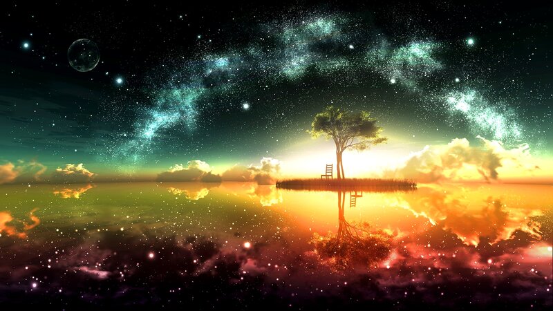 Tree on Island at Night — Green