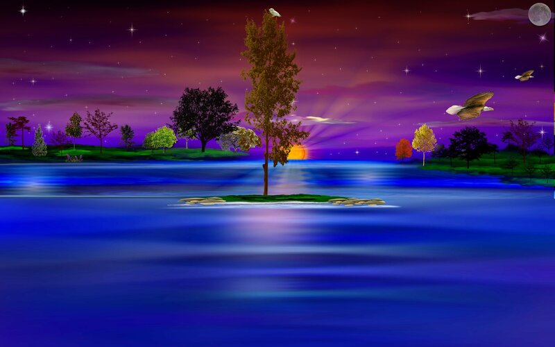 Tree on Island in Lake — Blue