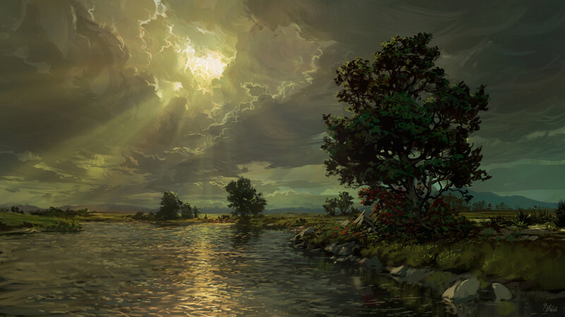 Tree on Riverbank — Green, Dramatic