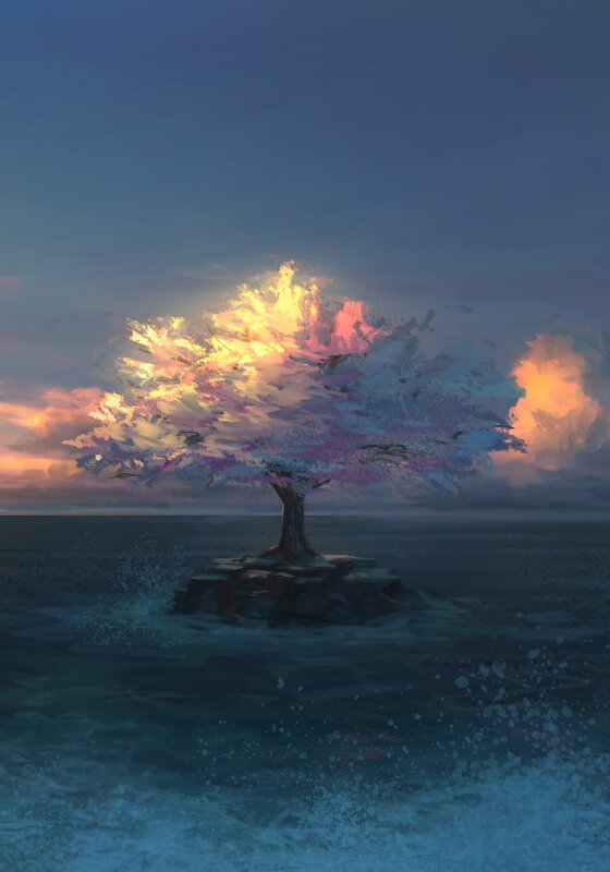 Tree on Rock Island — Blue