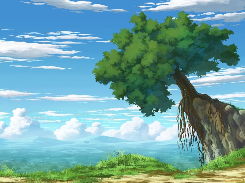 Tree on Rocky Cliff — Blue, Serene, Afternoon, Digital Art