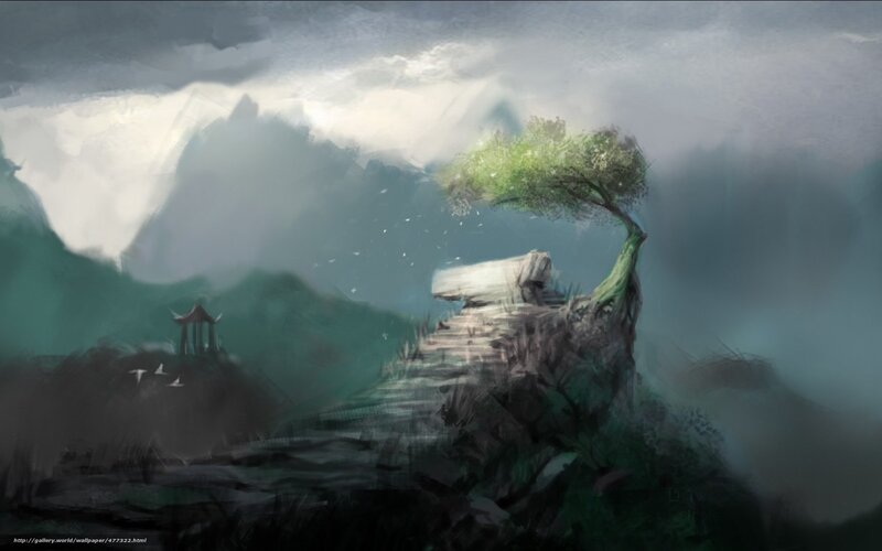Tree on Rocky Cliff — Green, Dramatic