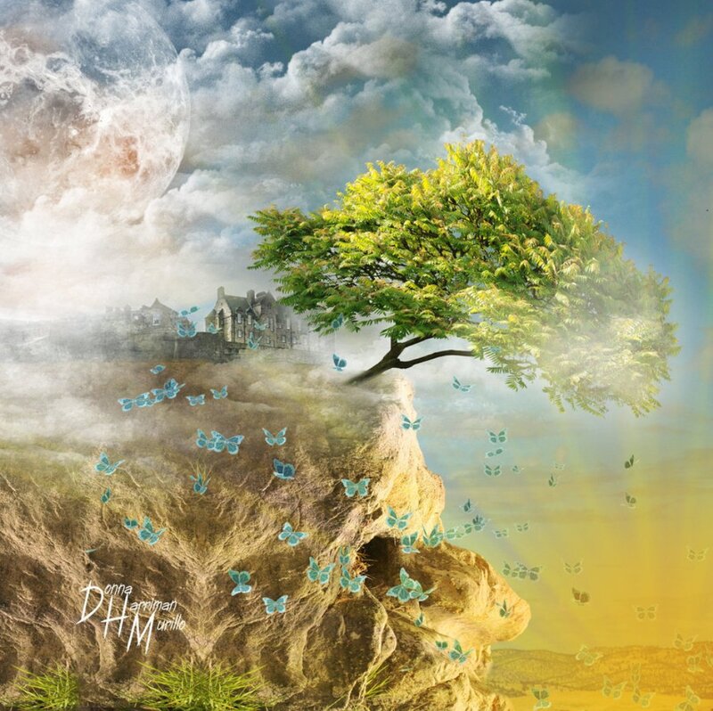 Tree on Rocky Cliff — Green, Dreamy