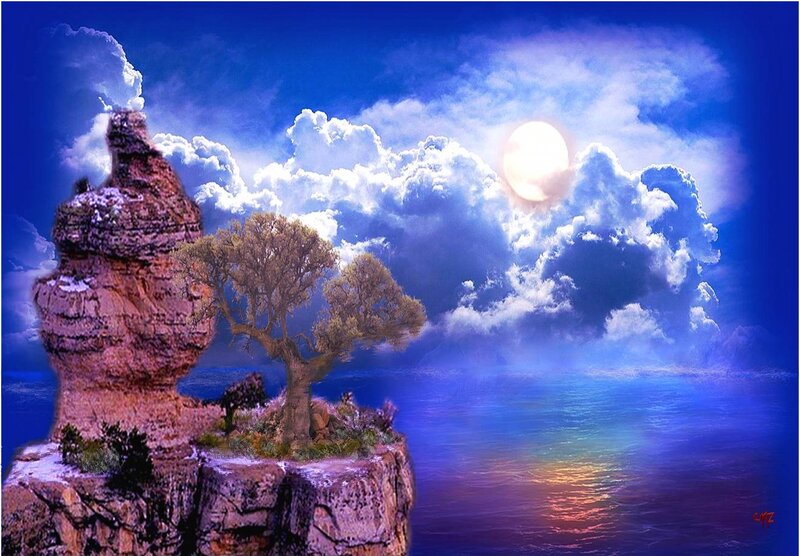 Tree on Rocky Island — Blue, Dramatic