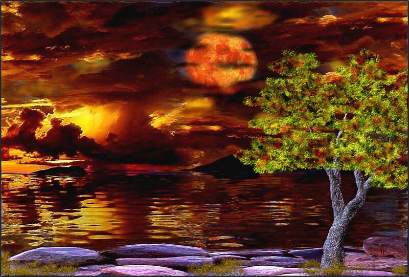 Tree on Rocky Shore — Orange, Dramatic, Sunset, Digital Art