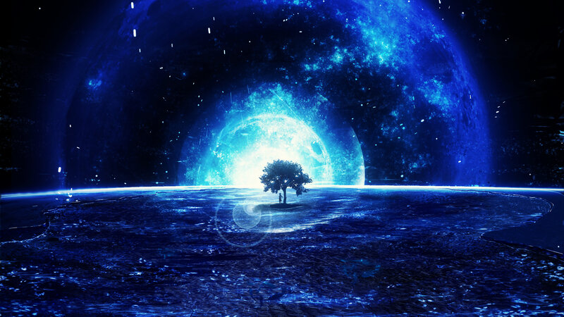 Tree on Small Island — Blue, Serene, Night, Digital Art, Planet