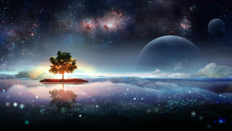 Tree on Small Island — Blue, Serene, Night