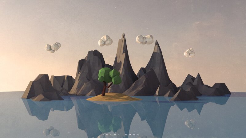 Tree on Small Island — Gray, Serene