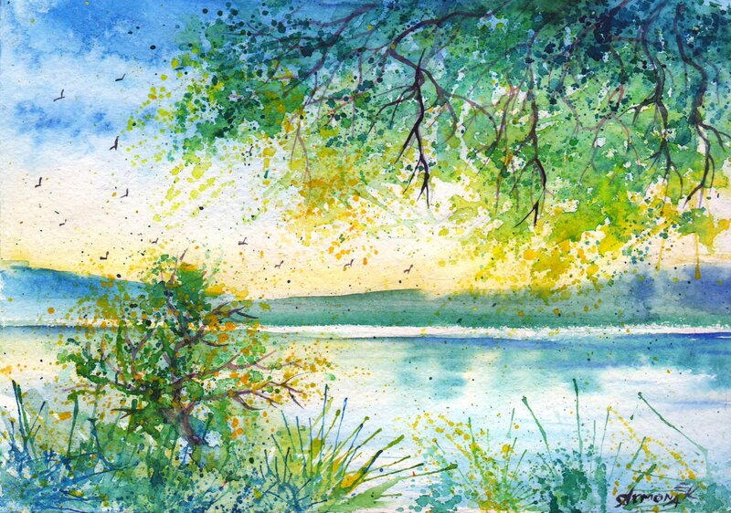 Tree over Lake — Green, Serene, Sunset, Painting