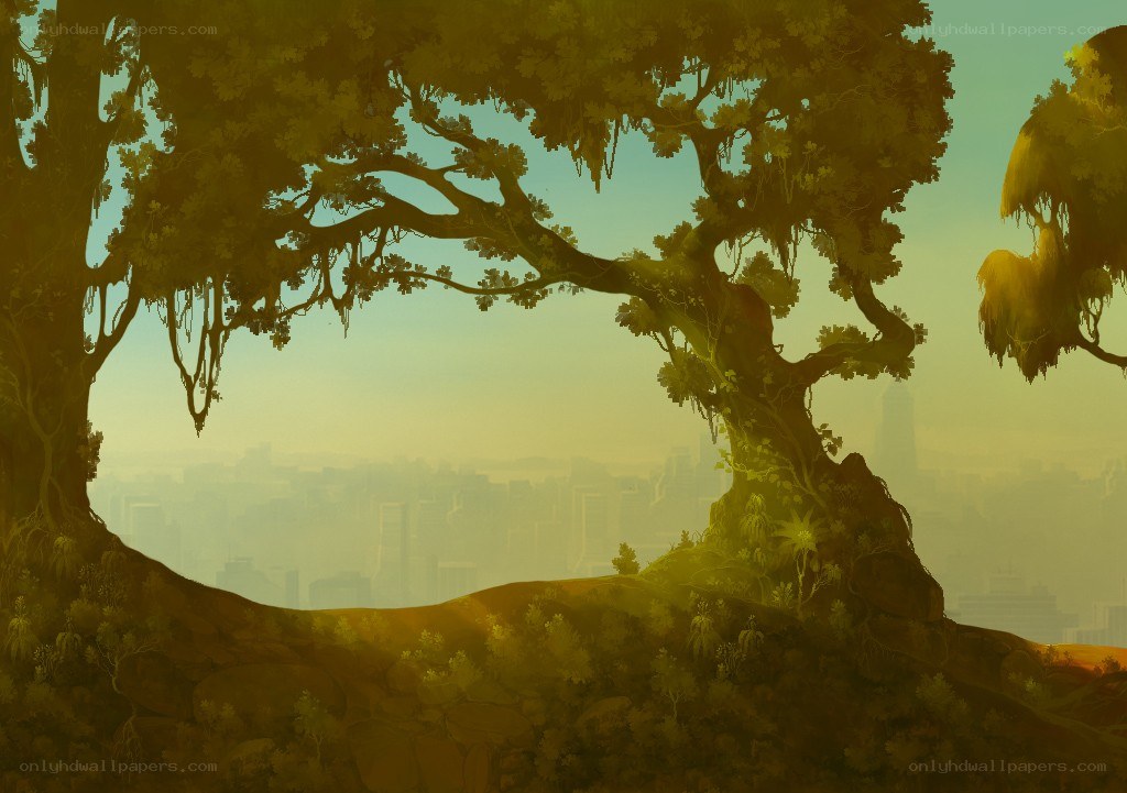 Tree overlooking a hazy city