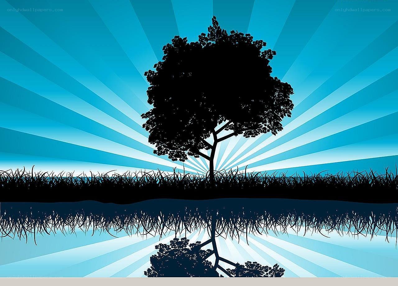 tree silhouette with sunburst