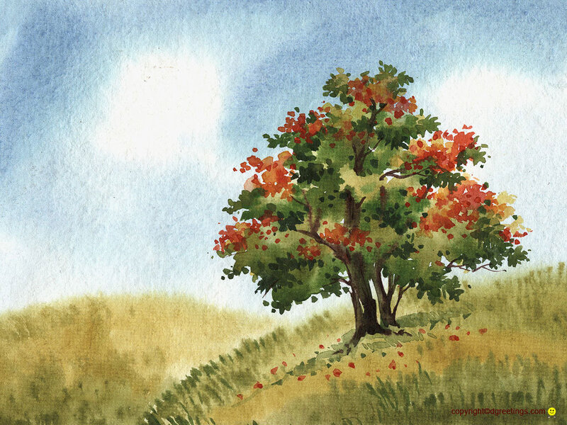 Tree with Autumn Leaves — Green, Serene, Painting