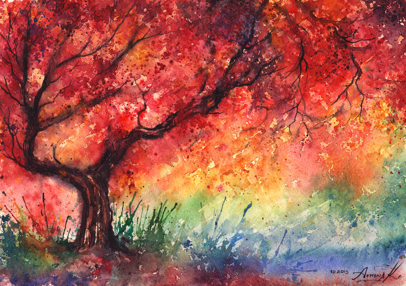 Tree with Autumn Leaves — Red, Vibrant, Painting