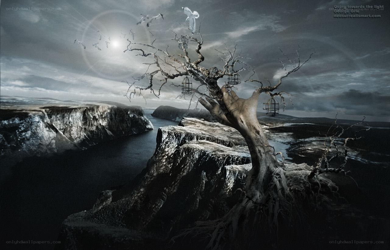 Tree with Birdcages on Cliff