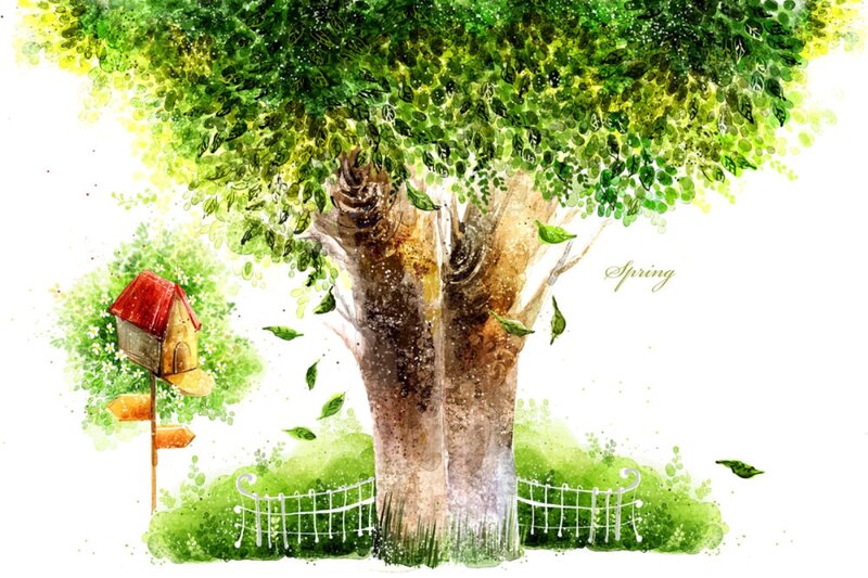 Tree with Birdhouse — Green, Serene