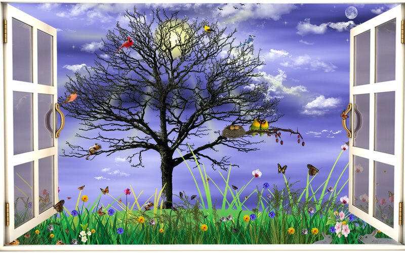 Tree with Birds and Flowers