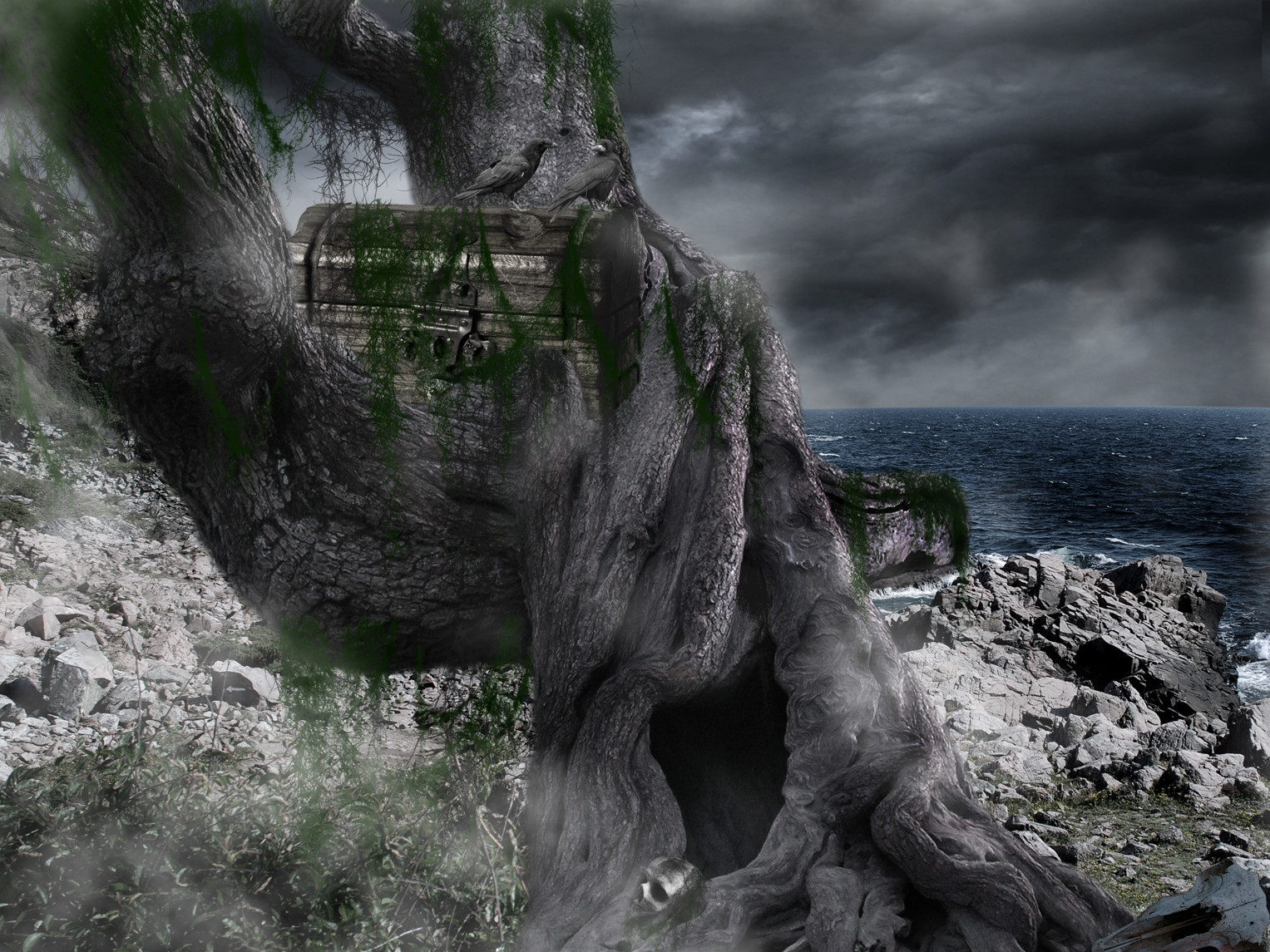 Tree with chest on cliff