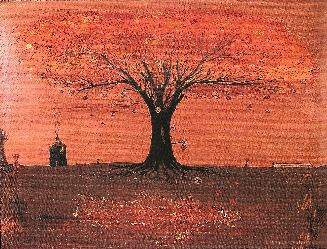 Tree with Faces in a Red Landscape