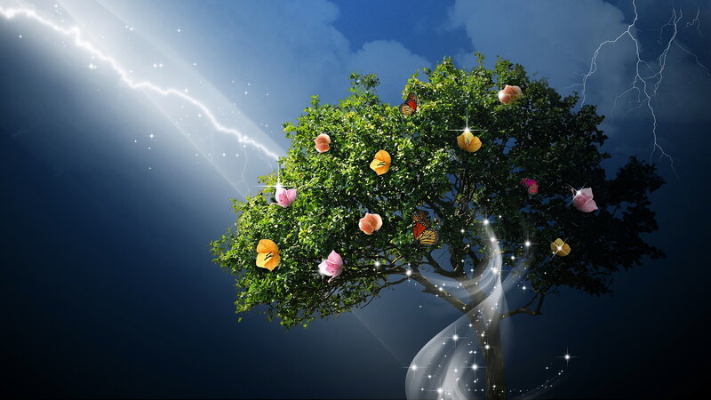 Tree with Flowers and Butterflies