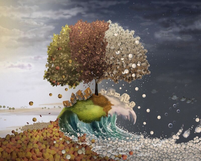 Tree with Four Seasons — Green, Dreamy, Digital Art