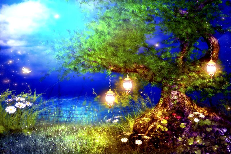 Tree with Hanging Lanterns — Blue