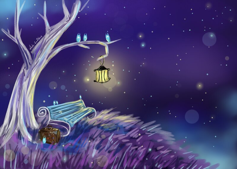 Tree with Lantern and Bench — Purple