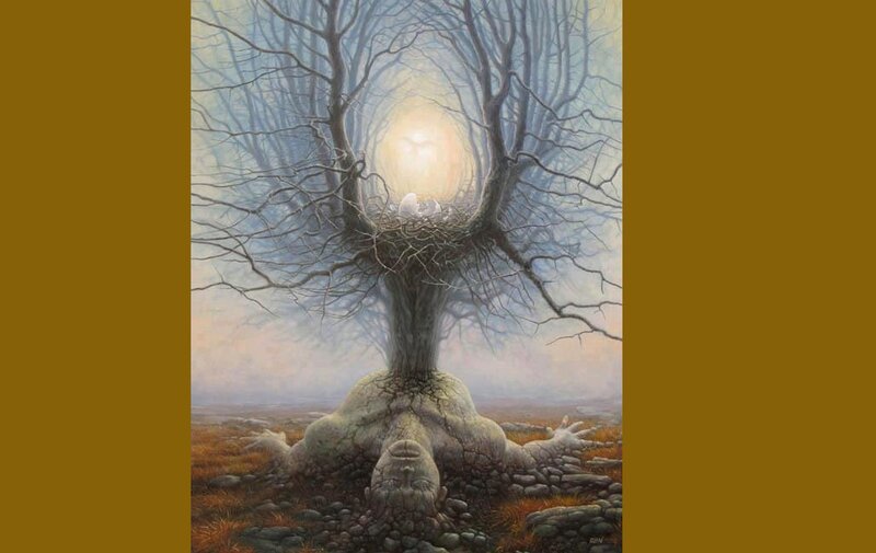 Tree with nest and human figure