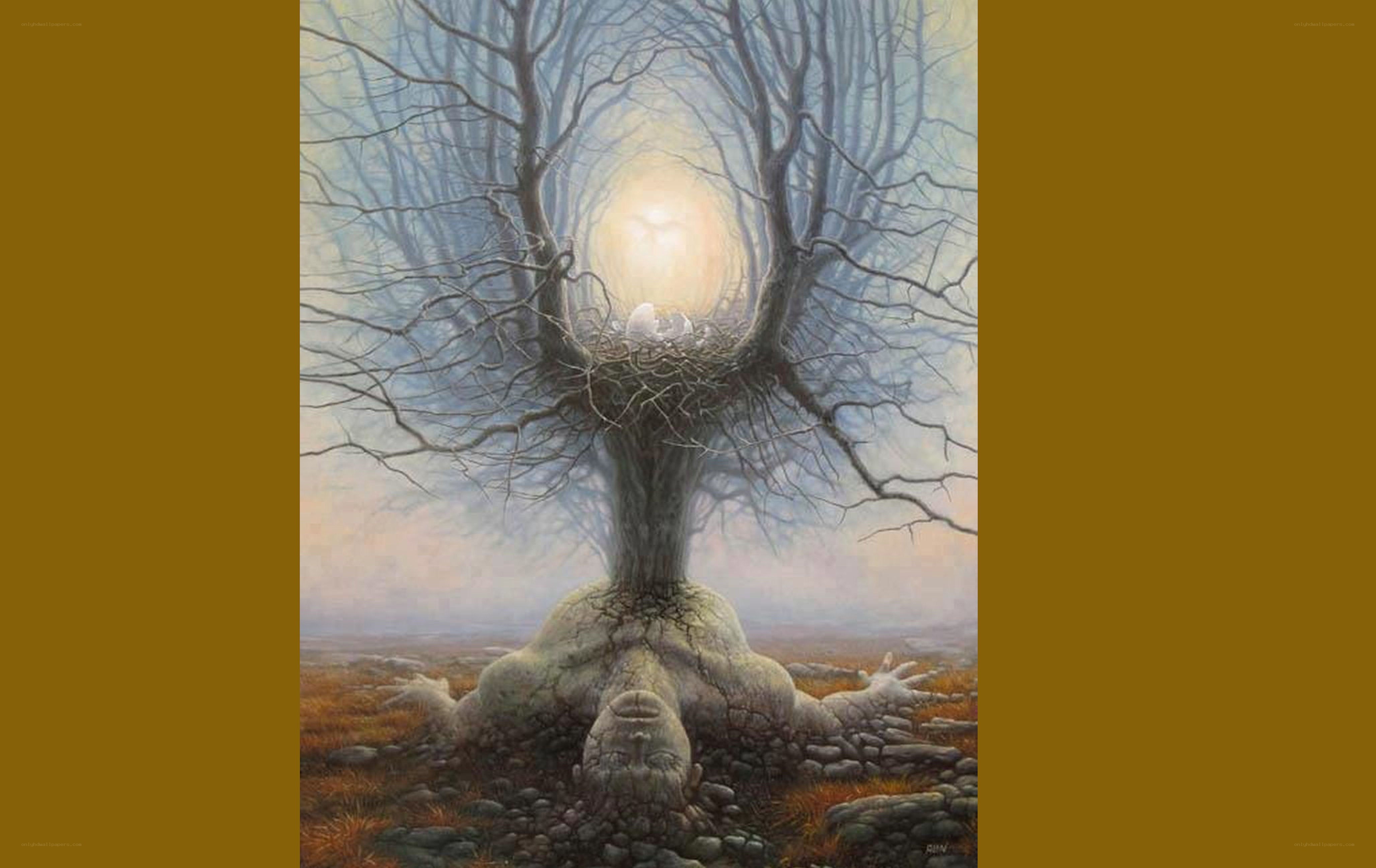 Tree with nest and human figure