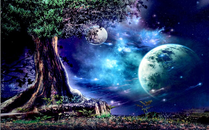 Tree with Planets in Sky — Blue