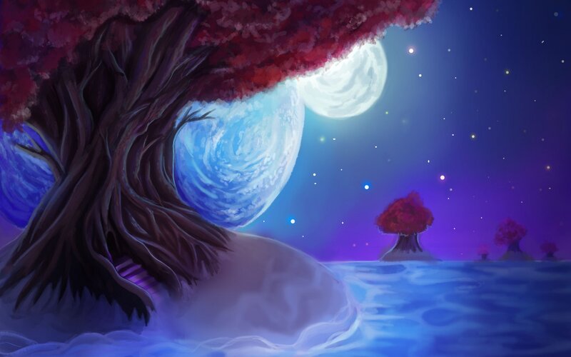 Tree with Red Leaves — Blue, Serene, Night