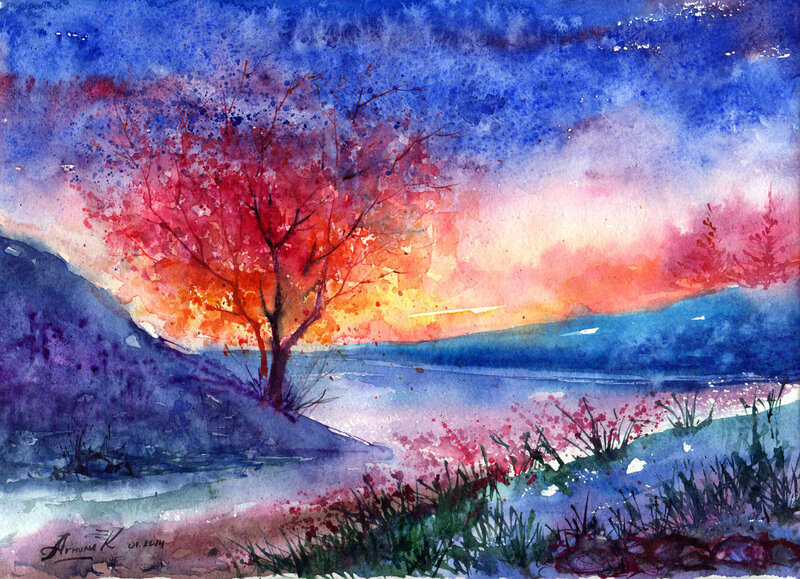 Tree with Red Leaves — Blue, Serene, Sunset
