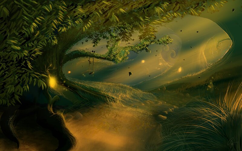 Tree with Swing — Green, Serene, Night, Digital Art