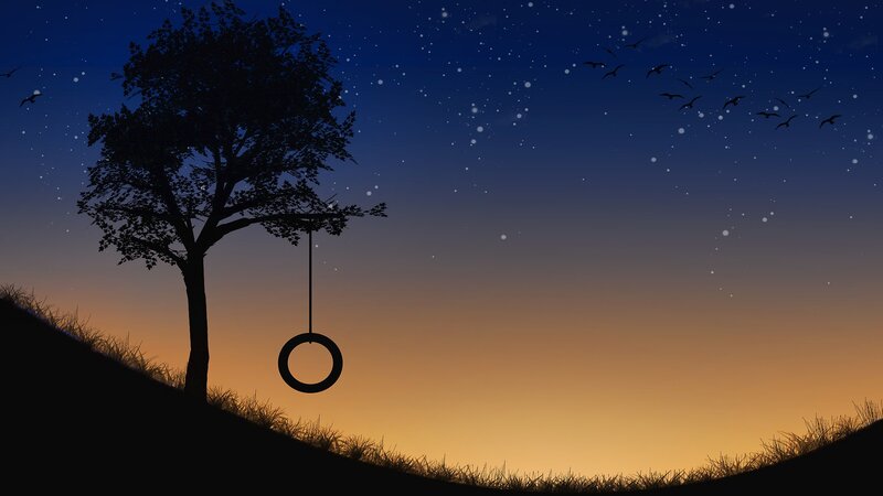Tree with Tire Swing — Blue, Serene, Night, Digital Art