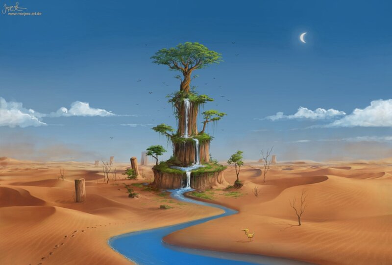 Tree with Waterfall in Desert