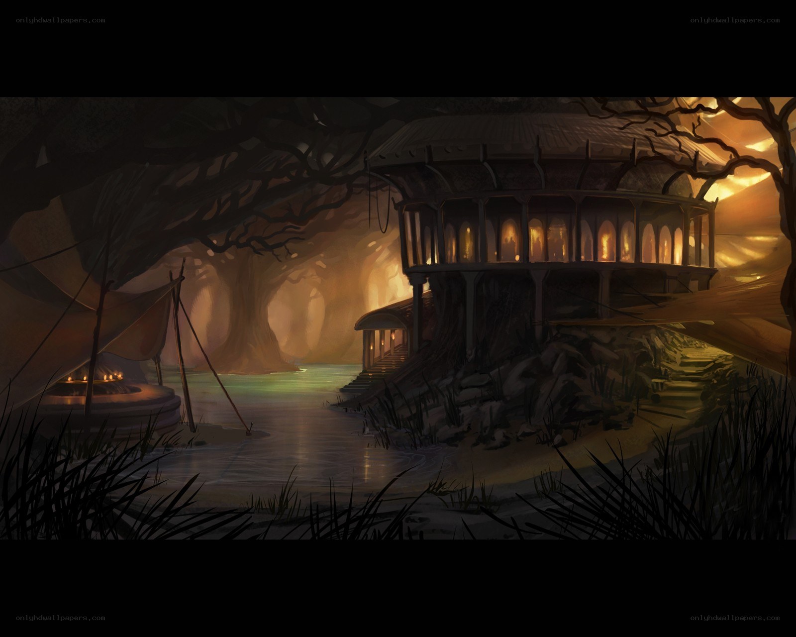 Treehouse by the river at dusk