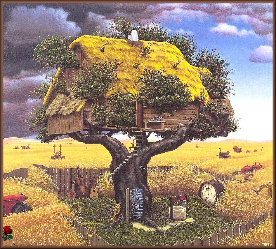 Treehouse in a golden field