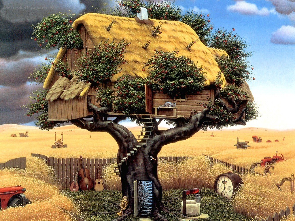 Treehouse in a golden field