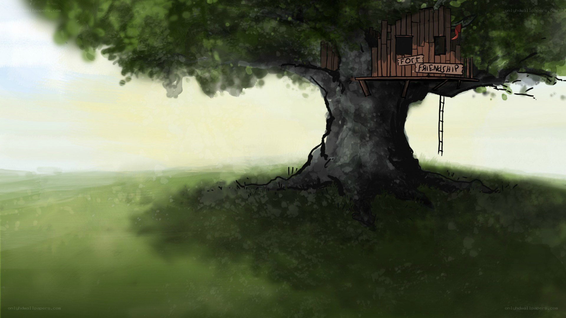 treehouse in a green field