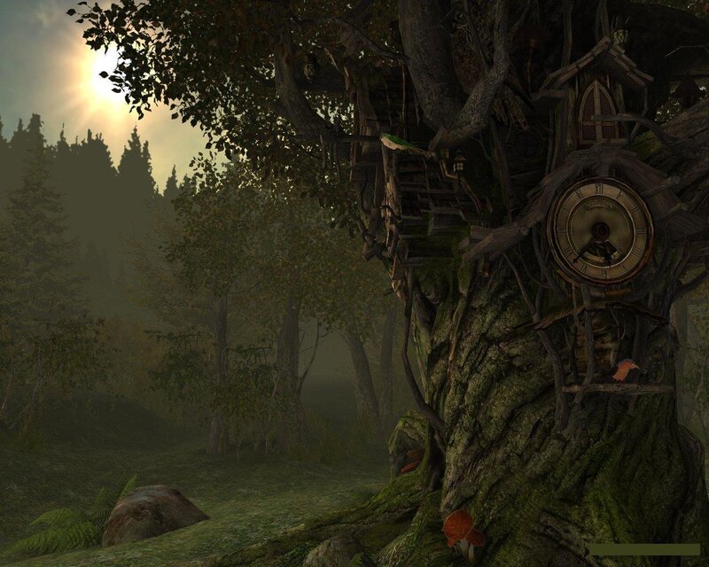 treehouse in a misty forest