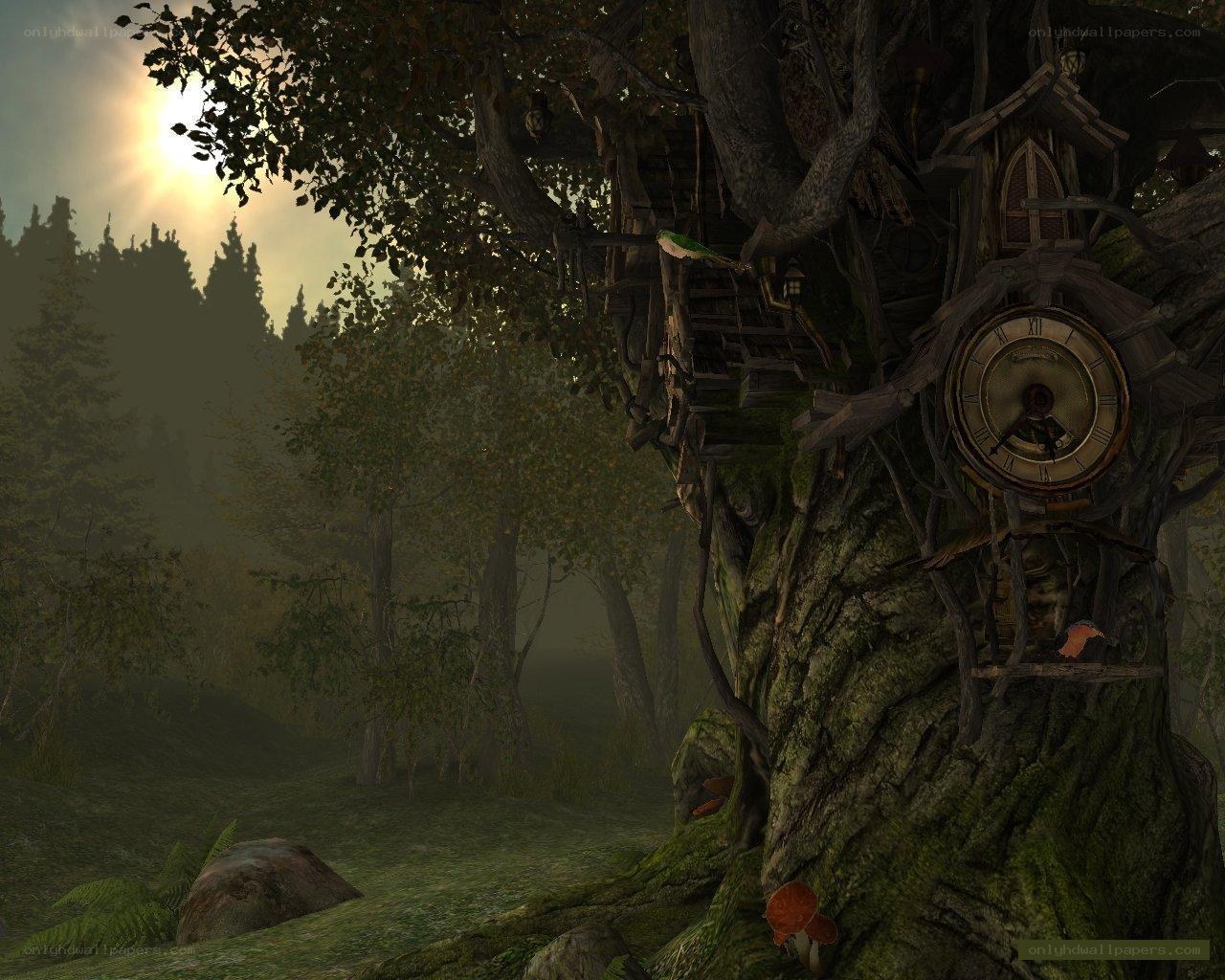 treehouse in a misty forest