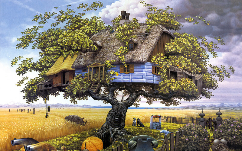 Treehouse in Field — Blue