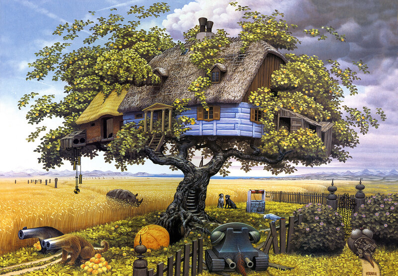 Treehouse in Field — Yellow