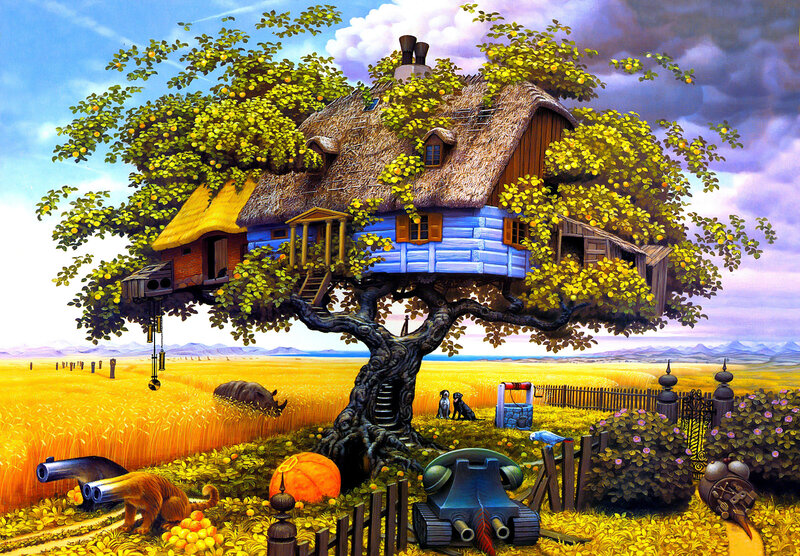 Treehouse in Field — Yellow, Whimsical