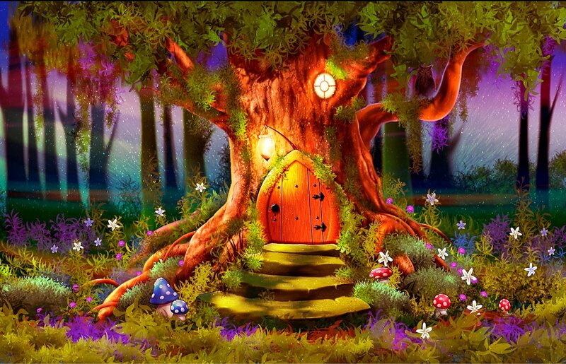 Treehouse in Forest — Green, Magical, Night, Digital Art