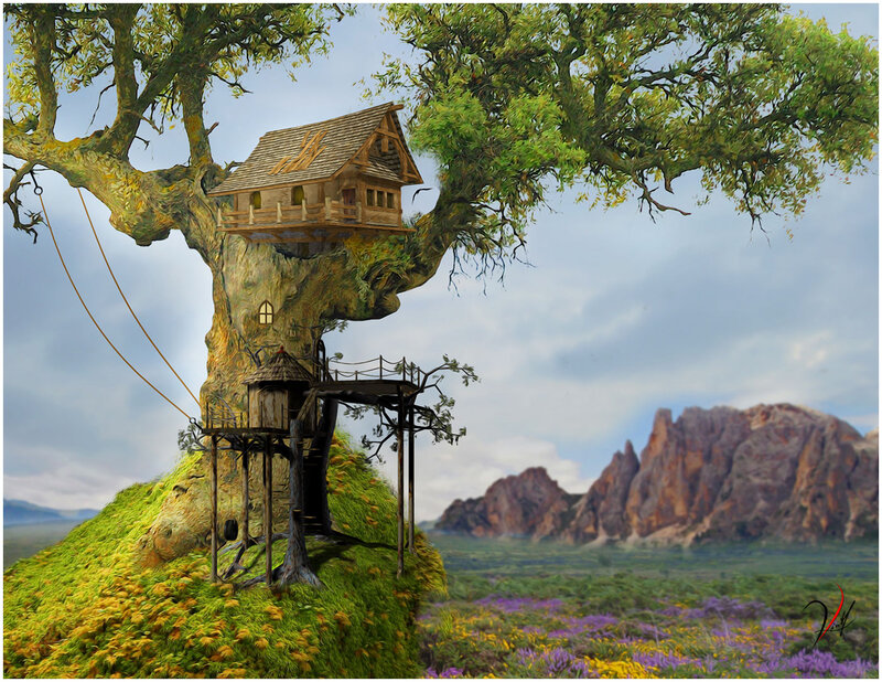 Treehouse in Forest — Green, Serene, Afternoon, Digital Art