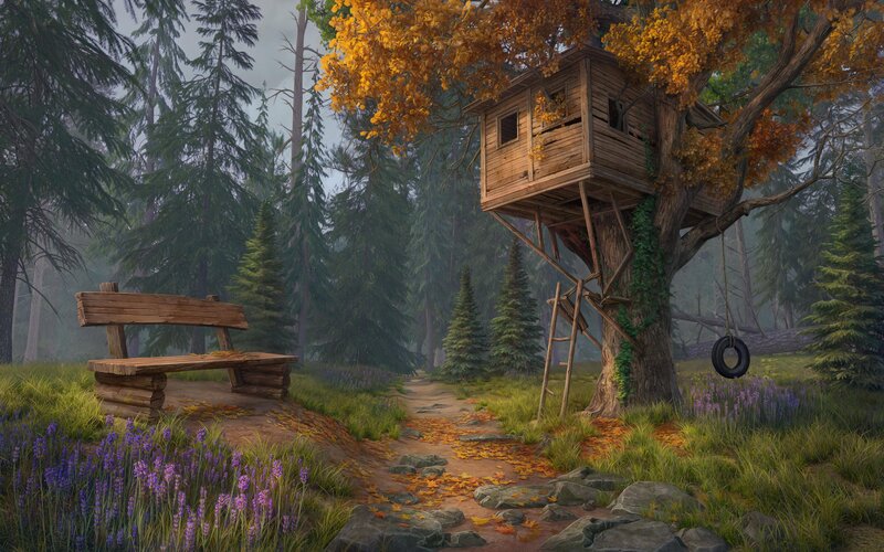 Treehouse in Forest — Green, Serene, Autumn
