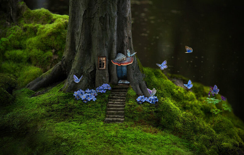 Treehouse in Forest — Green, Serene, Digital Art, Butterflies